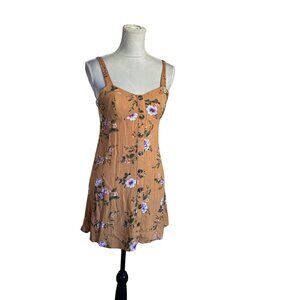 American Eagle Women's Babydoll Sundress Mustard Yellow Floral Smocked Back Cott